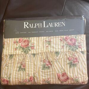 NWT Ralph Lauren Country Yellow Stripe and Pink Floral No Iron Twin Flat Sheet